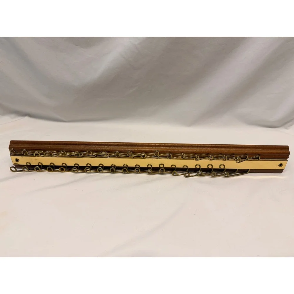 Vintage Walnut Wood Brass Tie Rack Wall Mount Closet Organizer 24 Hook 18 Inch